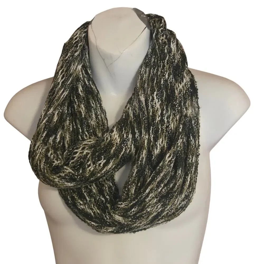 Chunky Marled Knit Infinity Scarf Black White Green Sparkle Loop Cowl